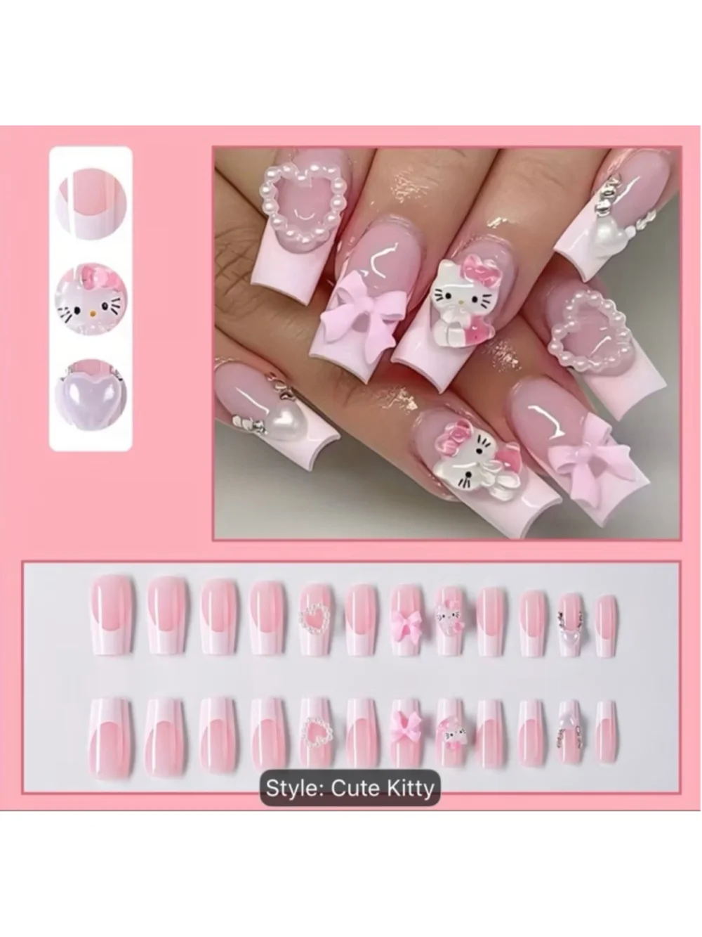 Hello Kitty 24pcs Press-On Nails Kit Hearts, Bows, Rhinestones - Brand New